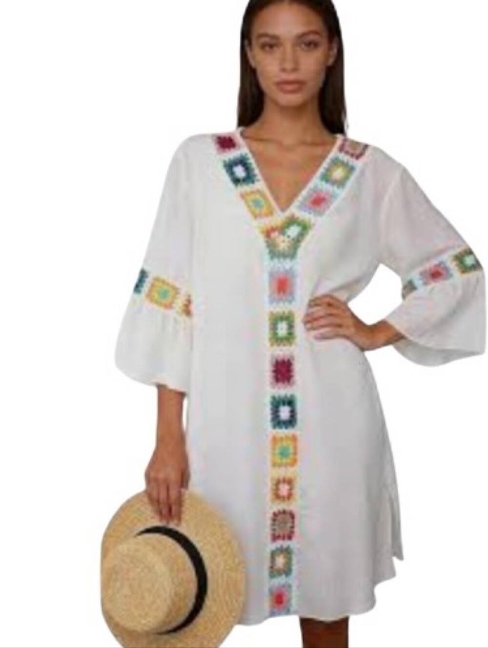 Boho Cream Crochet Granny Square Tunic Bell Sleeve Resort Mini Cover Up Size M